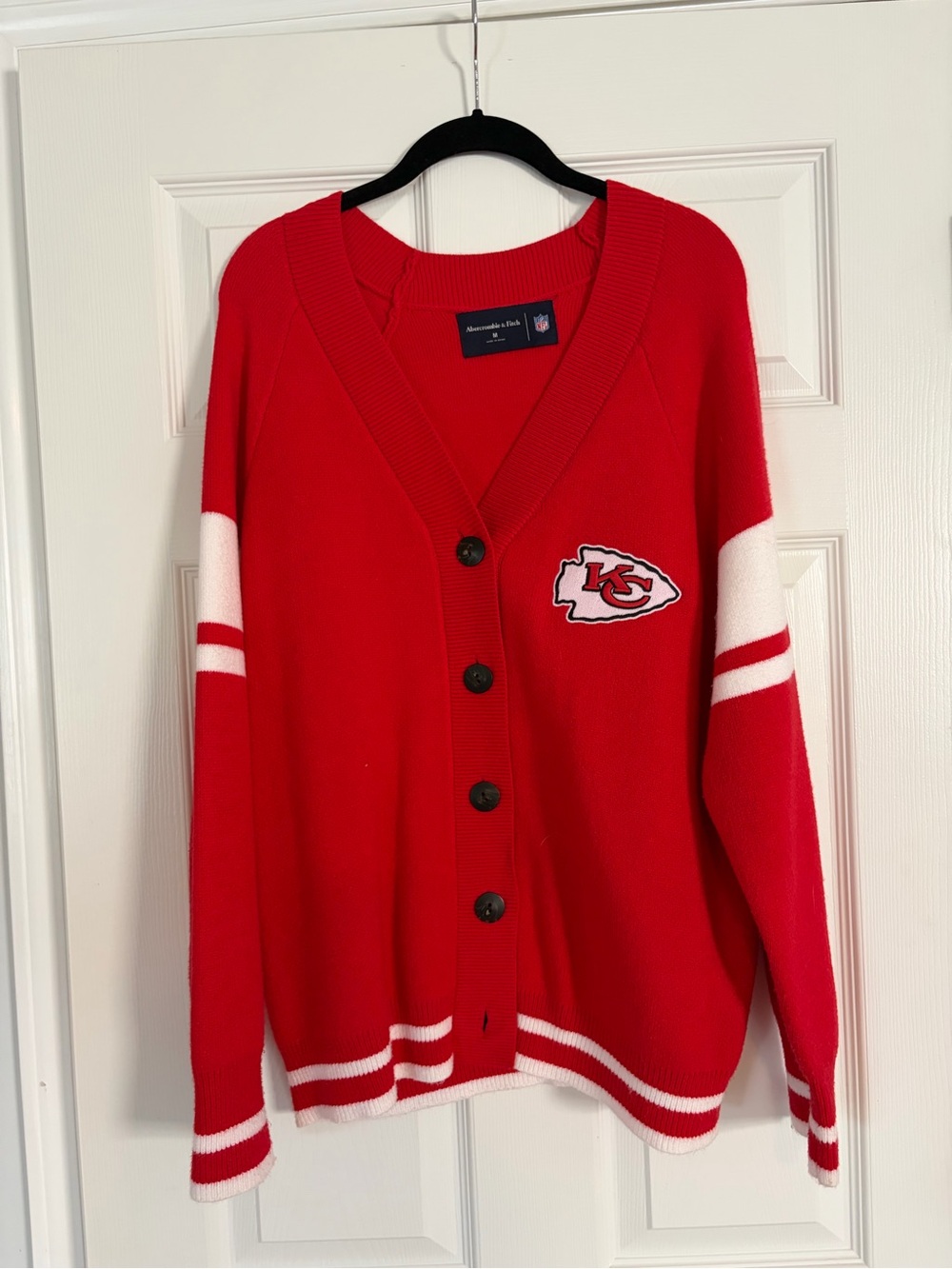 Chiefs Abercrombie & Fitch Red Cardigan Sweater with White Stripe Accents